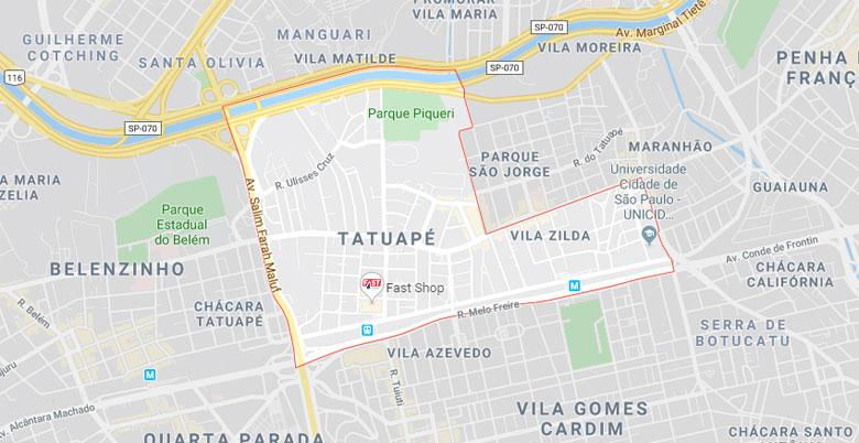 Mapa de São Paulo com bairros Tatuapé, Belém e Vila Zilda; vias destacadas em amarelo e vermelho.