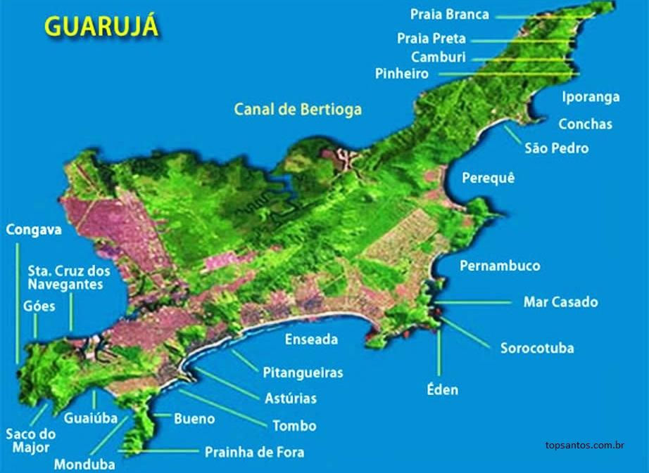 Mapa colorido de Guarujá com praias e bairros rotulados, como Enseada, Pitangueiras e Praia Branca, sobre fundo azul.