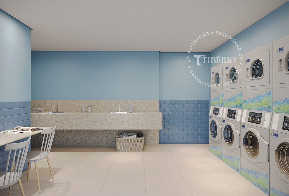 Lavanderia moderna azul e branca com máquinas OMO, pias, mesa e cesto; ambiente limpo e vazio, com marca d’água TIBÉRIO.