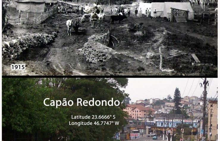Comparação de Capão Redondo: em 1915, acampamento rural; hoje, bairro urbano com ruas e casas, com coordenadas na imagem.