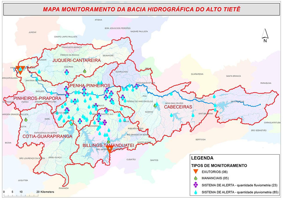 Mapa do Alto Tietê com bacias em vermelho, pontos de monitoramento e legenda de tipos de estações.