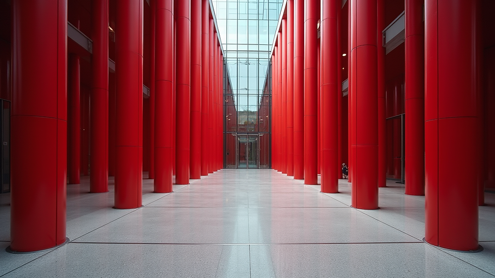 Wide angle view of MASP building with red pillars and glass facade