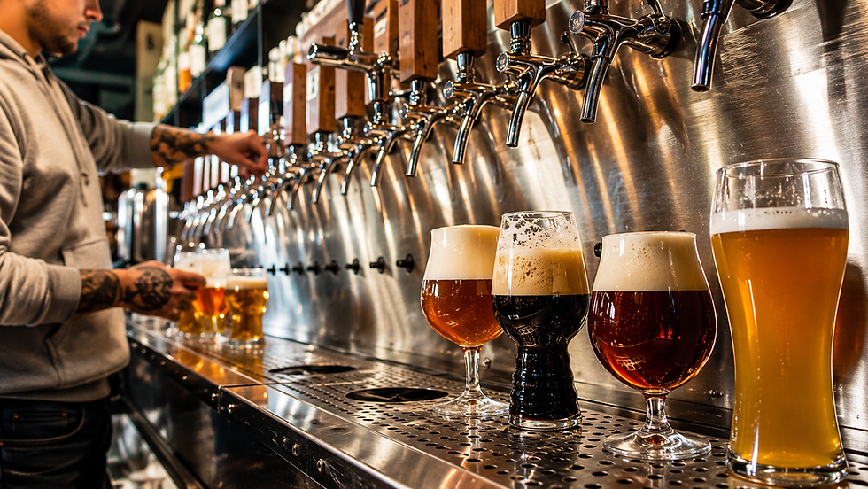 Homem tatuado serve cervejas artesanais em fileira de torneiras, com copos âmbar e espuma num bar metálico.