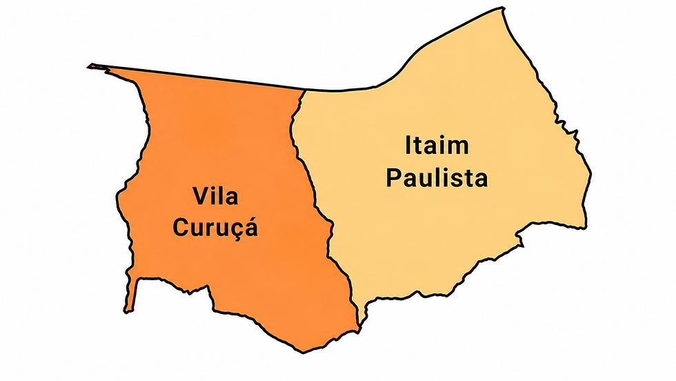 Mapa com duas áreas vizinhas: Vila Curuçá em laranja e Itaim Paulista em amarelo, com nomes em preto.