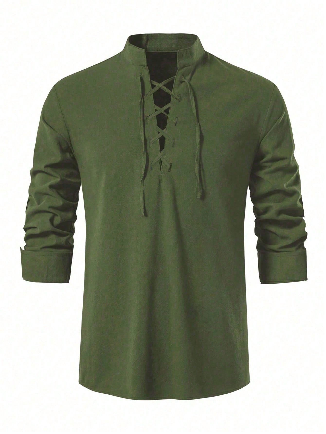 Men's Solid Color Notched V-Neck Tie-Up Long Sleeve Casual Shirt, Spring/Summer