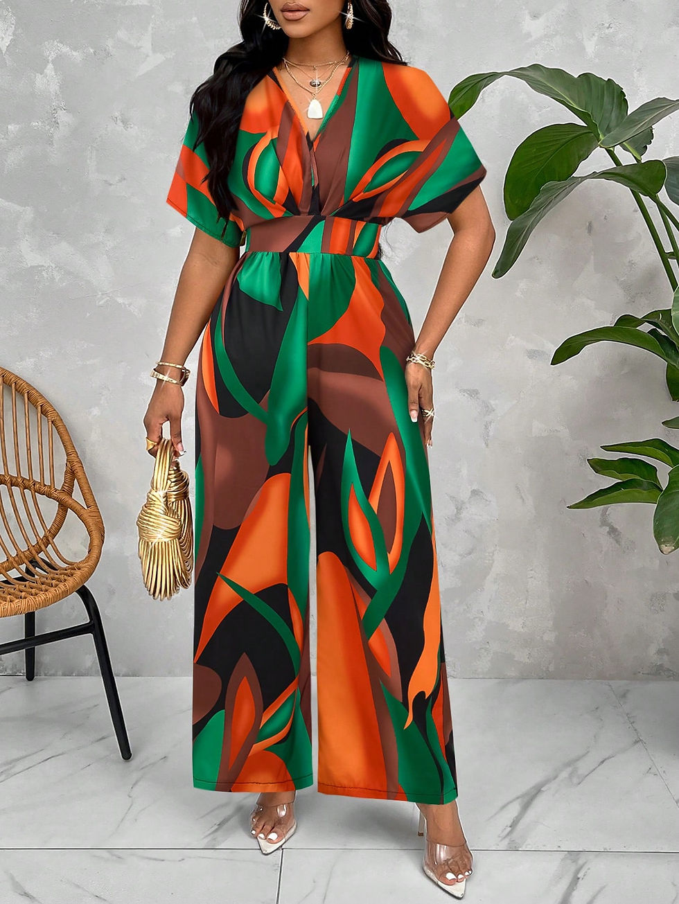 Thumbnail: Lady Random Floral Graphic Print Batwing Sleeve Belted Jumpsuit