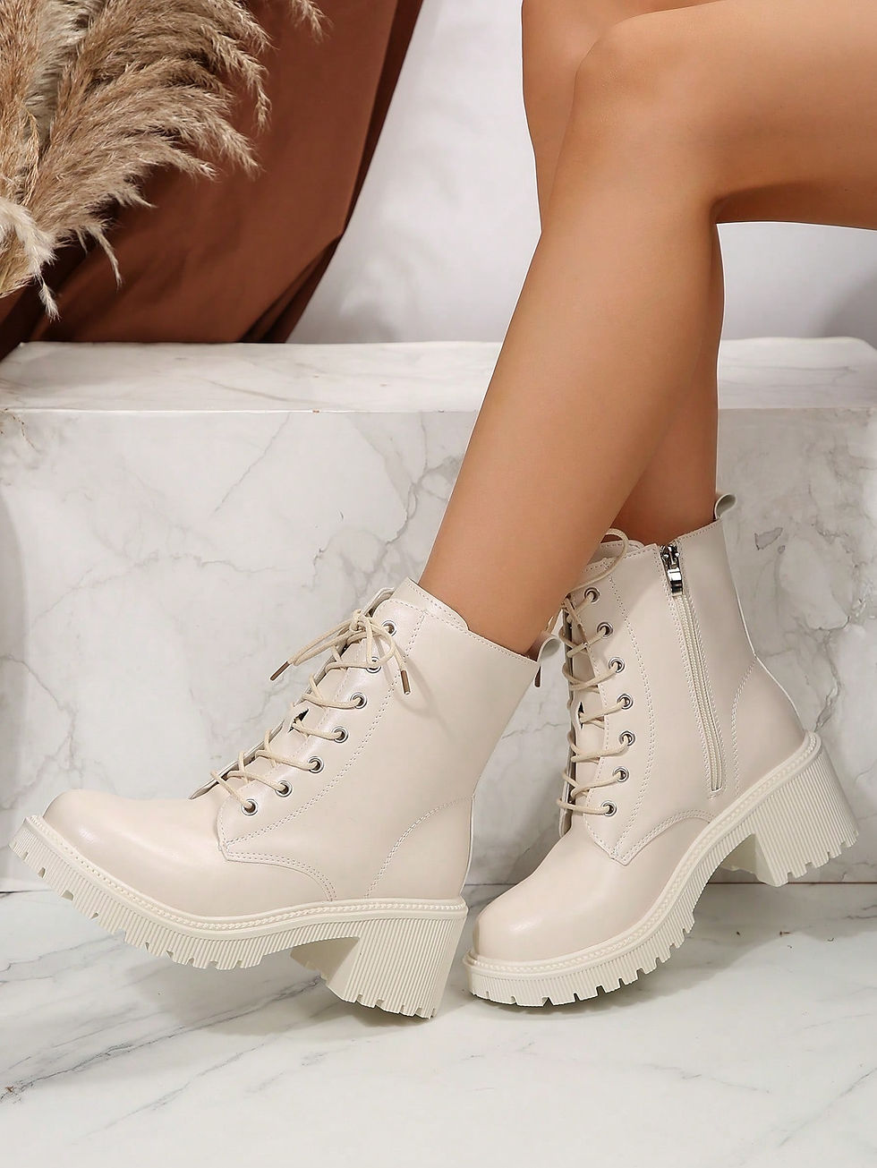 Thumbnail: Women's Fashionable Boots,Women's Beige Short Boots Casual Tie-in Motorcycle Bo