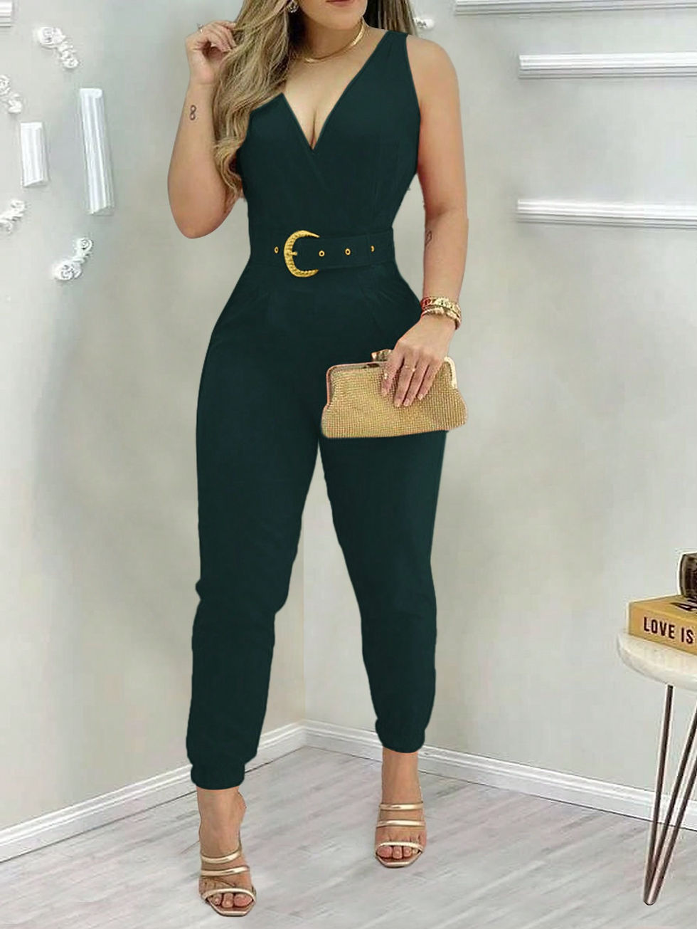 Slayr Women's Solid Color V-Neck Pleated Sleeveless Jumpsuit For Daily & Office