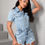 Miniatura: SXY Ladies' Solid Color Simple Daily Wear Short Sleeve Denim Jumpsuit