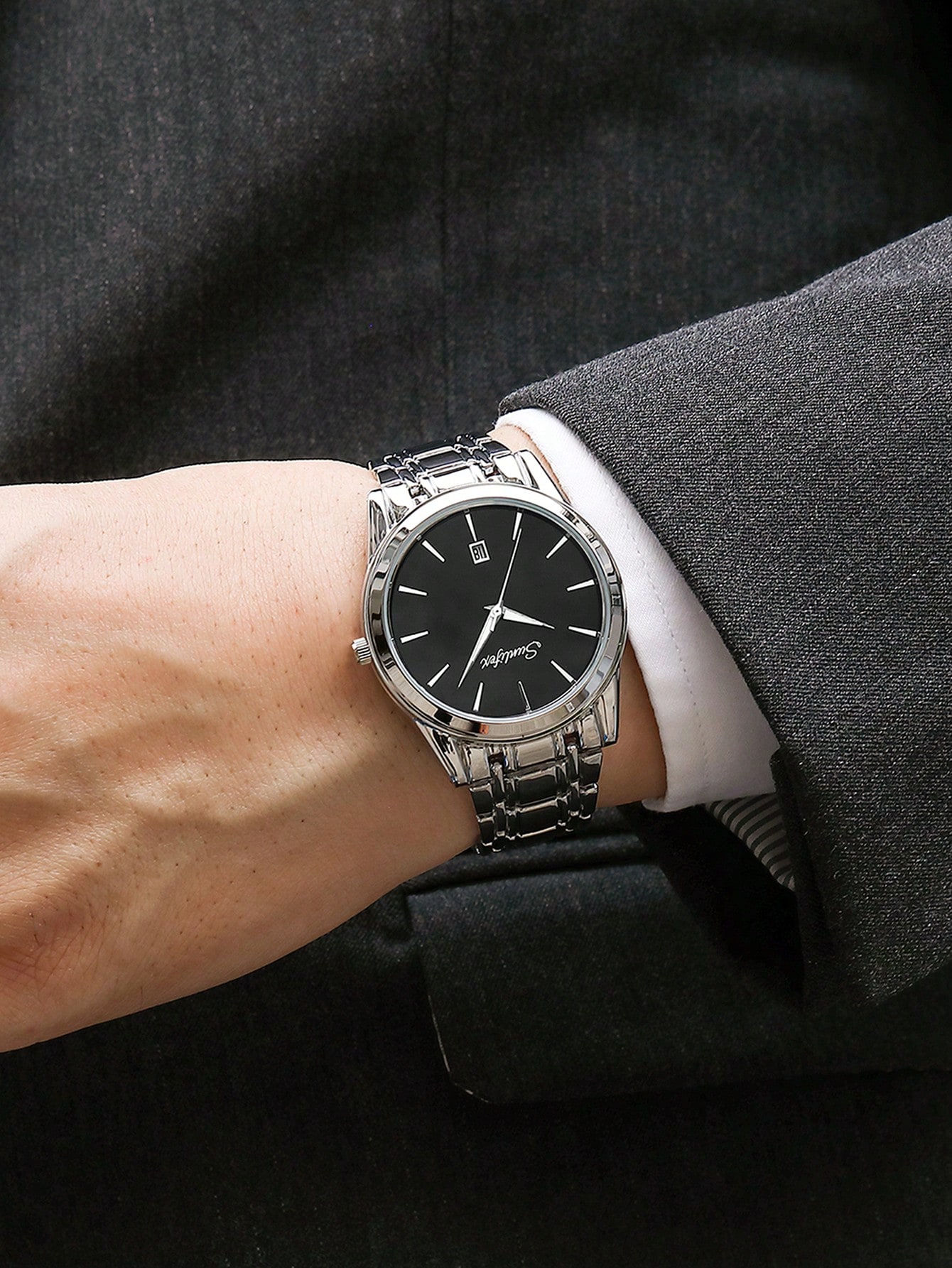 1pc Men Women Silver Alloy Strap Business Date Round Dial Quartz Watch, For Dai