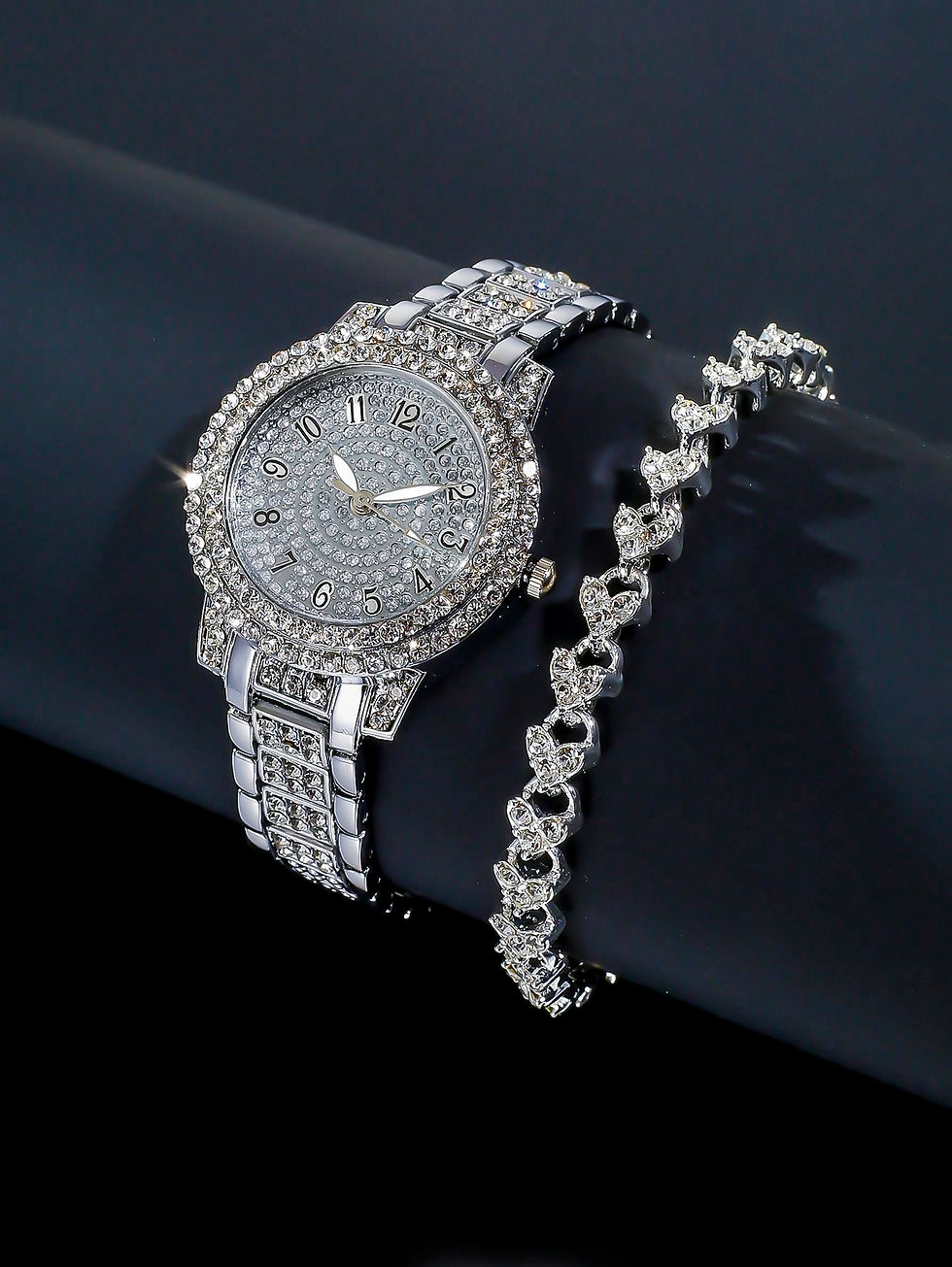 Thumbnail: 2pcs/Set Women Fashion Roman Numeral Full Crystal Dial Bracelet Watch & Double 