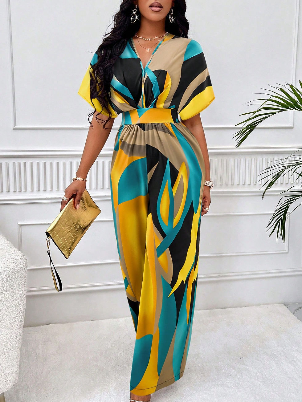 Lady Random Floral Graphic Print Batwing Sleeve Belted Jumpsuit