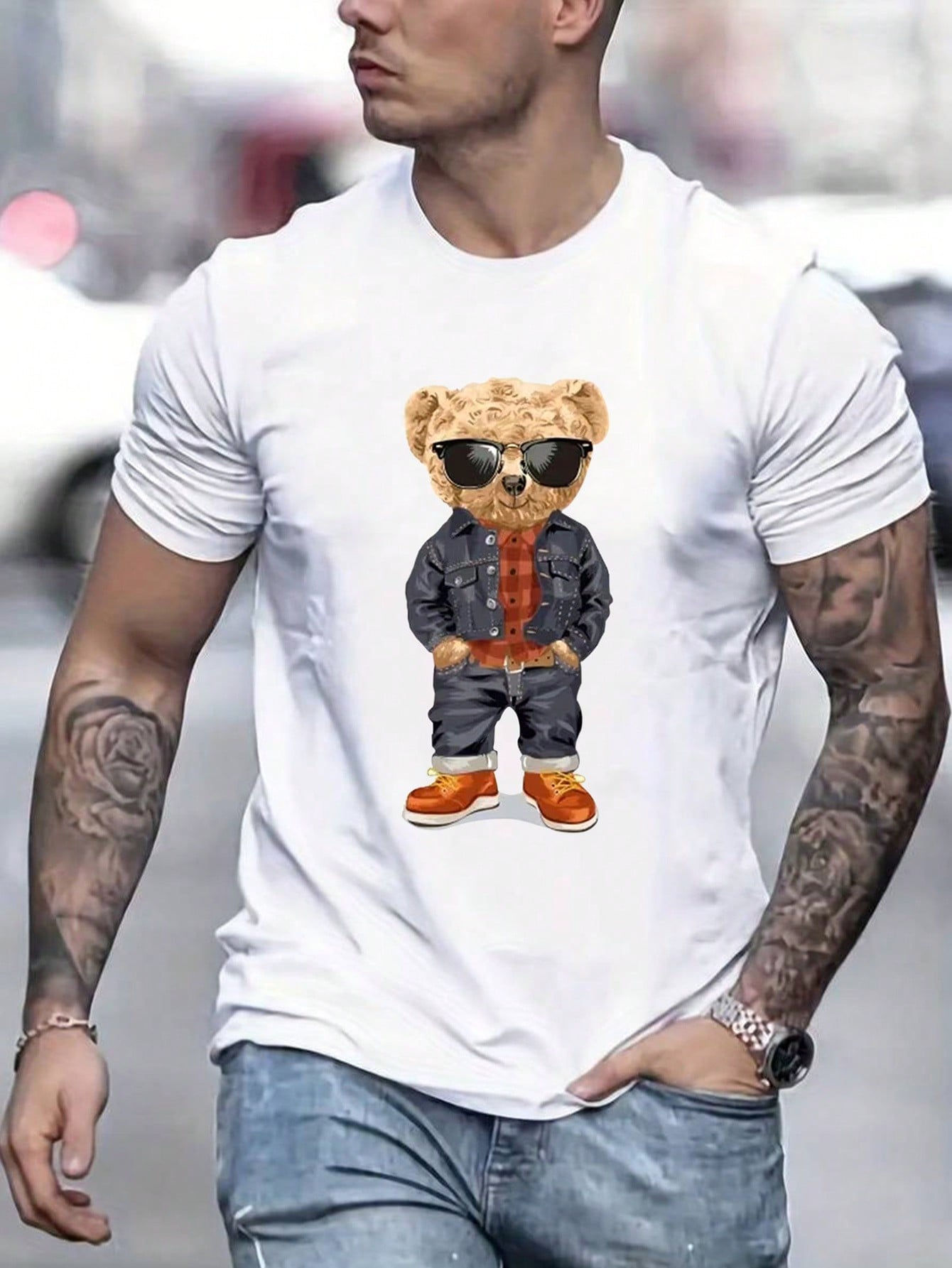 Men's Summer Cartoon Bear Printed Round Neck Casual Short Sleeve T-Shirt