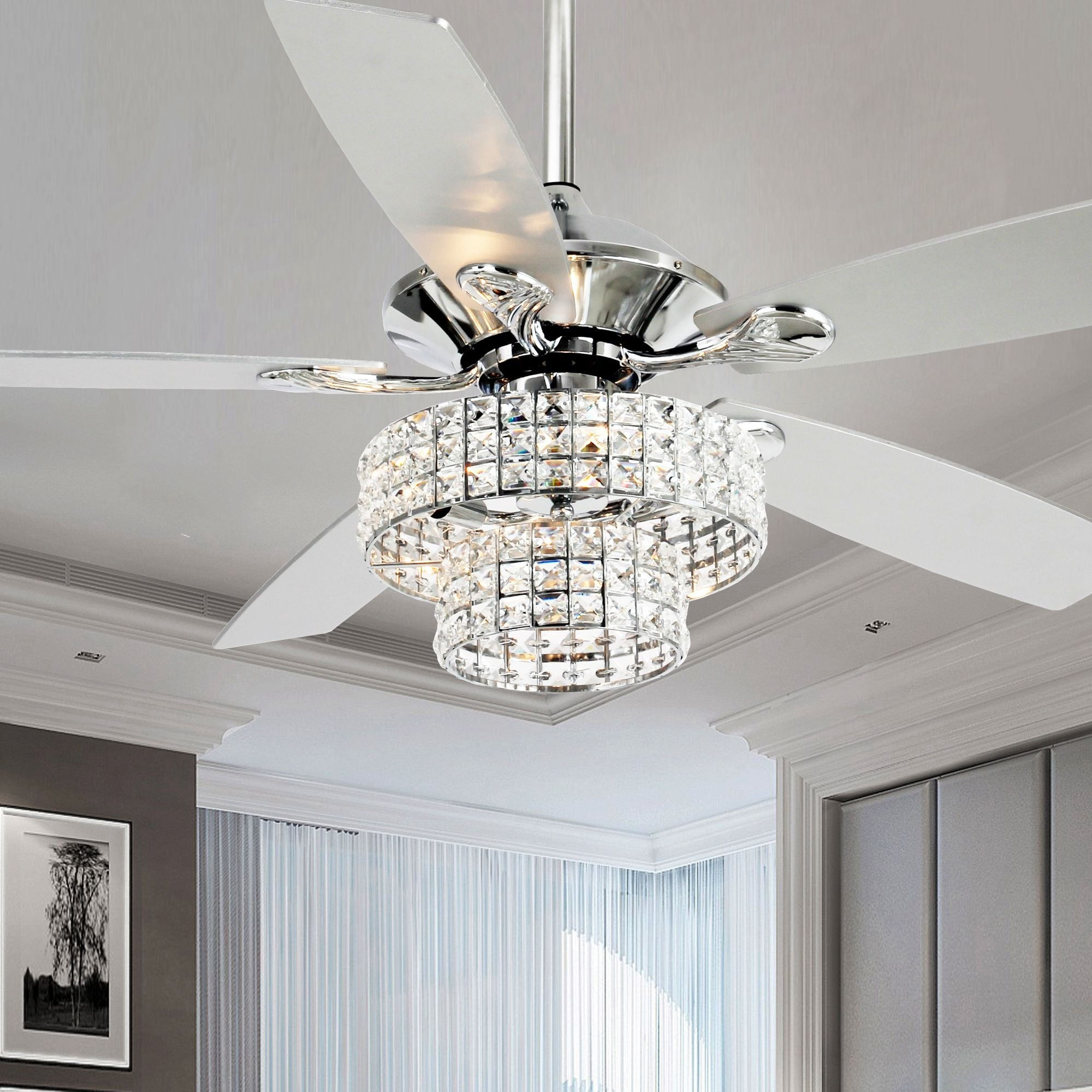 52-inch Modern 4-Light Dual Crystal Shade Ceiling Fan with Remote