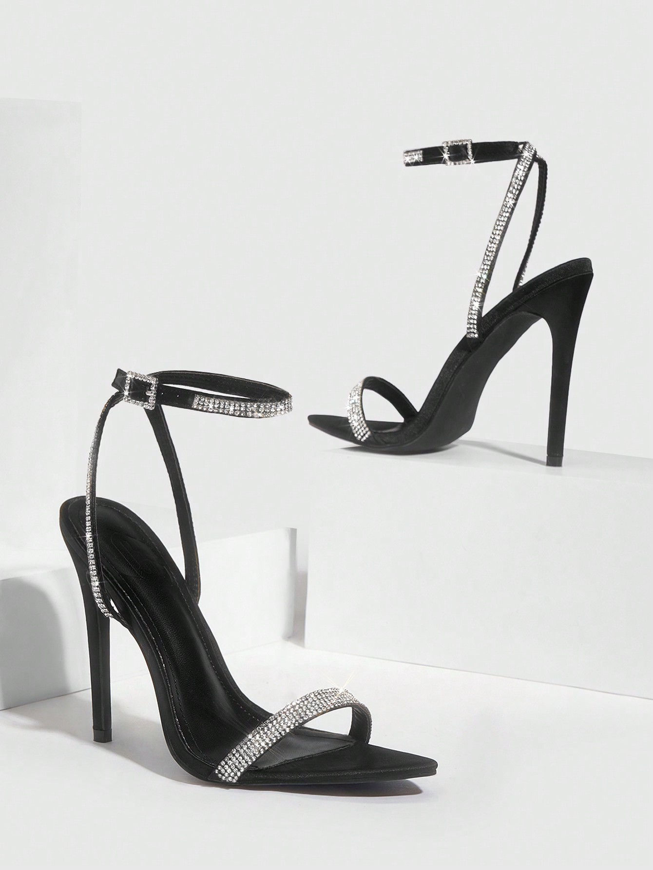 CUCCOO SZL Woman Shoes Fashion Point Toe Rhinestone Decor Ankle Strap Black Ver