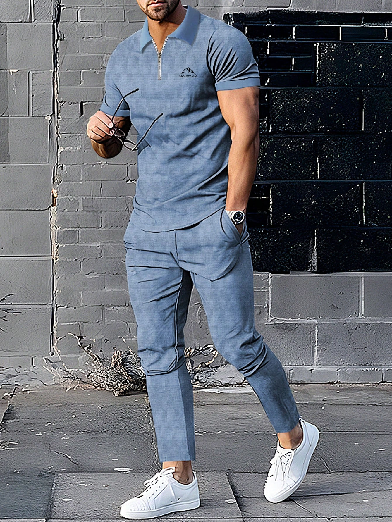 Manfinity Homme Men Printed Mountain Short Sleeve Polo Shirt And Long Pants Cas