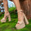 Thumbnail: Women Knot Decor Platform Chunky Heeled Sandals, Elegant Apricot Canvas Ankle S