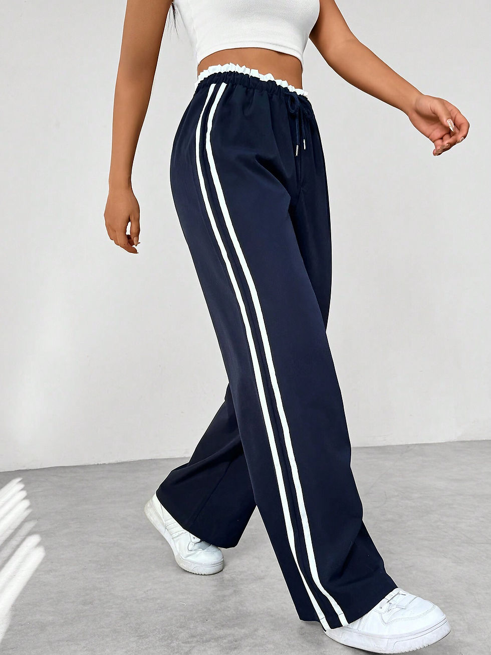 Thumbnail: EZwear Colorblock Striped Paper Bag Waist Straight Leg Casual Pants
