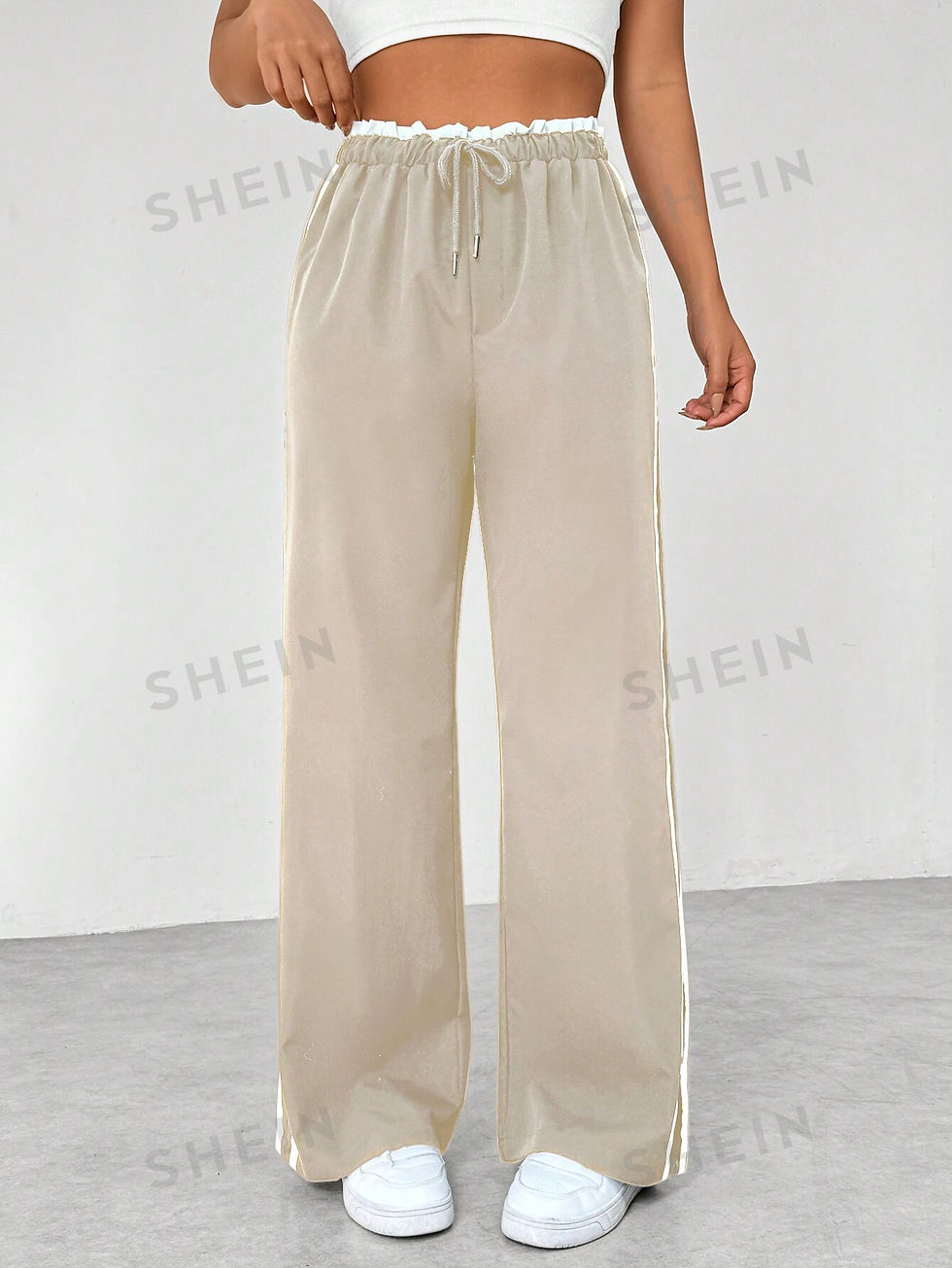 Thumbnail: EZwear Colorblock Striped Paper Bag Waist Straight Leg Casual Pants