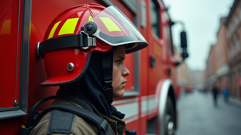 Close-up view of firefighter gear and helmet on a fire truck
