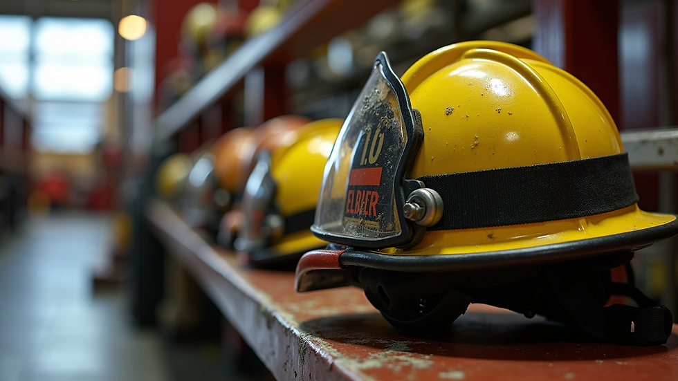 Eye-level view of firefighter helmet and gear on a station bench