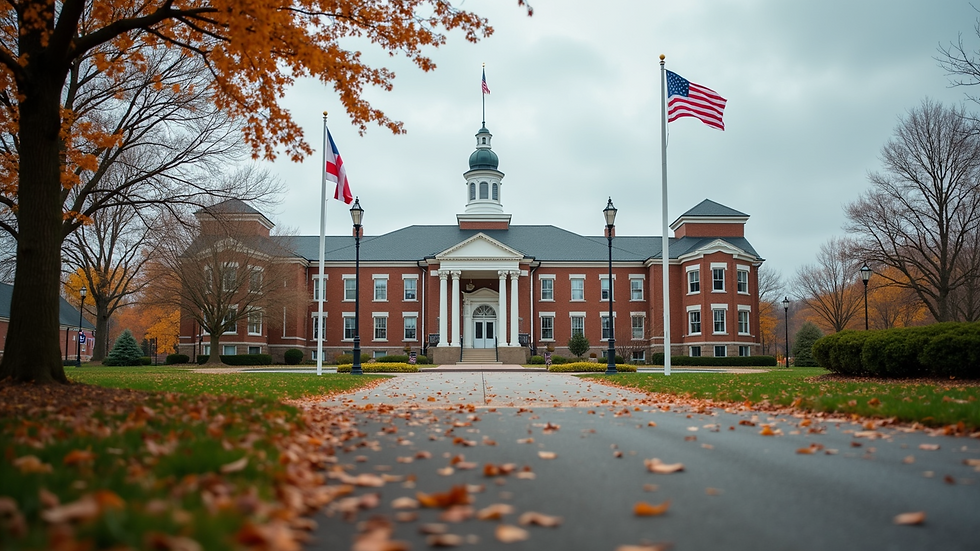 Eye-level view of Loudoun County government building with flags