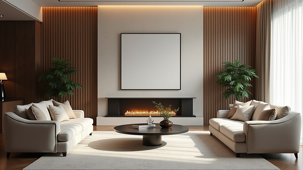 Eye-level view of a luxury living room with elegant furniture and large windows