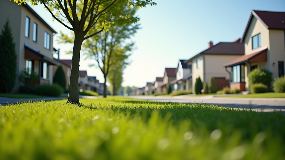 Eye-level view of a suburban street with modern houses and green lawns