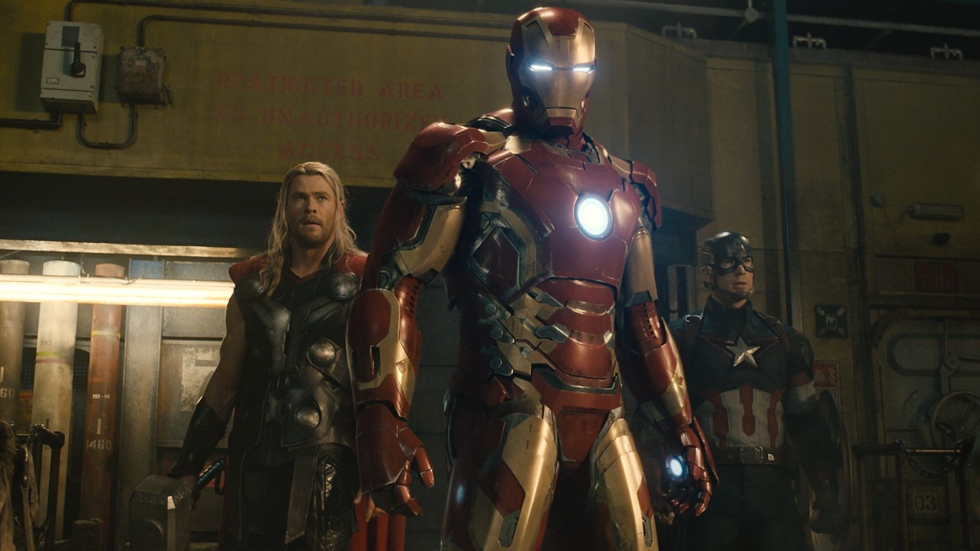 Thor (Chris Hemsworth), Iron Man (Robert Downey Jr) and Captain America (Chris Evans) are ready for battle in Avengers: Age of Ultron