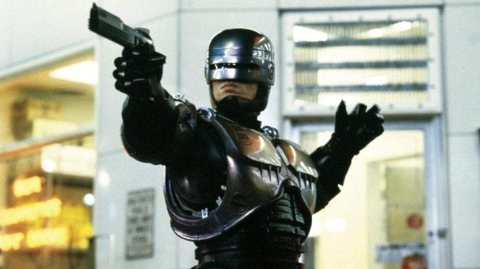 Robocop (Peter Weller) strikes an iconic pose in Robocop