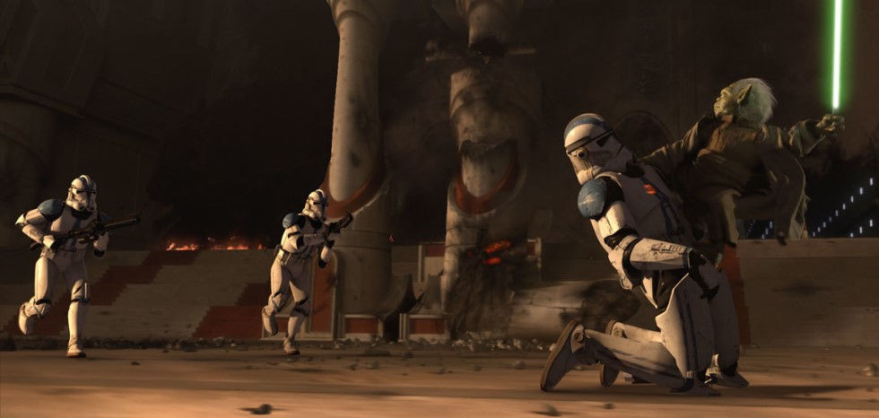 Yoda (voiced by Frank Oz) takes on Clone Troopers in Revenge of the Sith