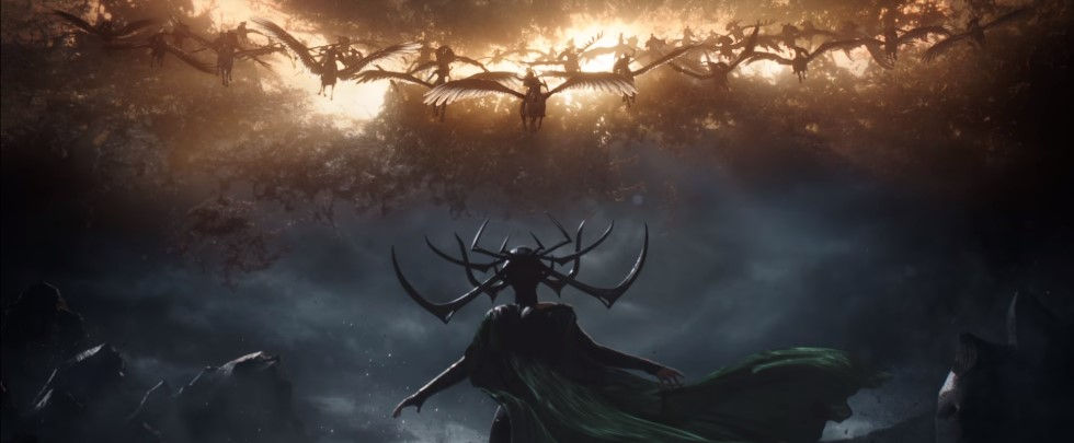 Hela (Cate Blanchett) faces down the Valkyries in Thor: Ragnarok