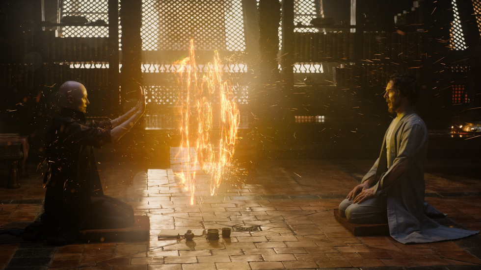 The Ancient One (Tilda Swinton) teaches Stephen Strange (Benedict Cumberbatch) in Doctor Strange