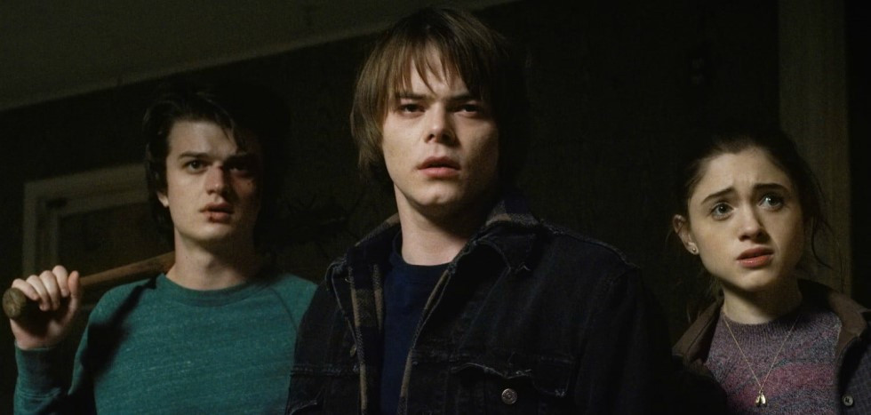 Steve (Joe Keery), Jonathan (Charlie Heaton) and Nancy (Natalia Dyer) team up to fight a monster in Stranger Things