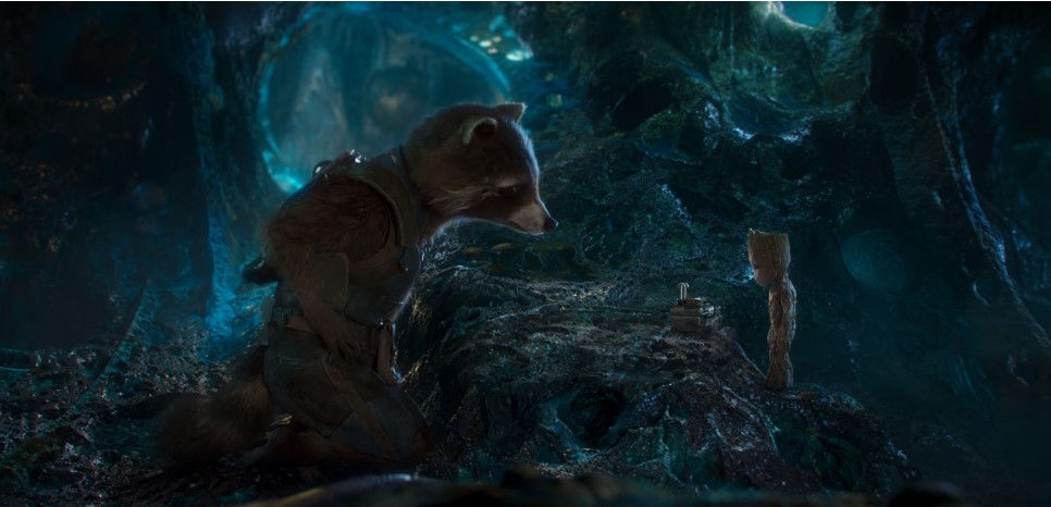 Rocket (Bradley Cooper) and Baby Groot (Vin Diesel) discuss bomb safety in Guardians of the Galaxy Vol. 2