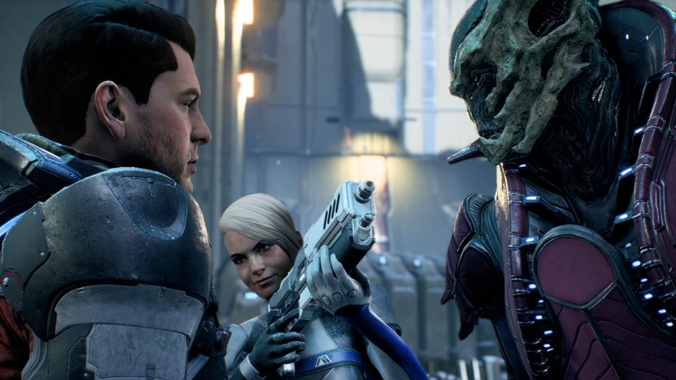 Ryder and Cora interrogate one of the Kett in Mass Effect: Andromeda