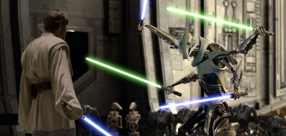 Obi-Wan Kenobi (Ewan McGregor) takes on General Grievous (voiced by Matthew Wood) in Revenge of the Sith