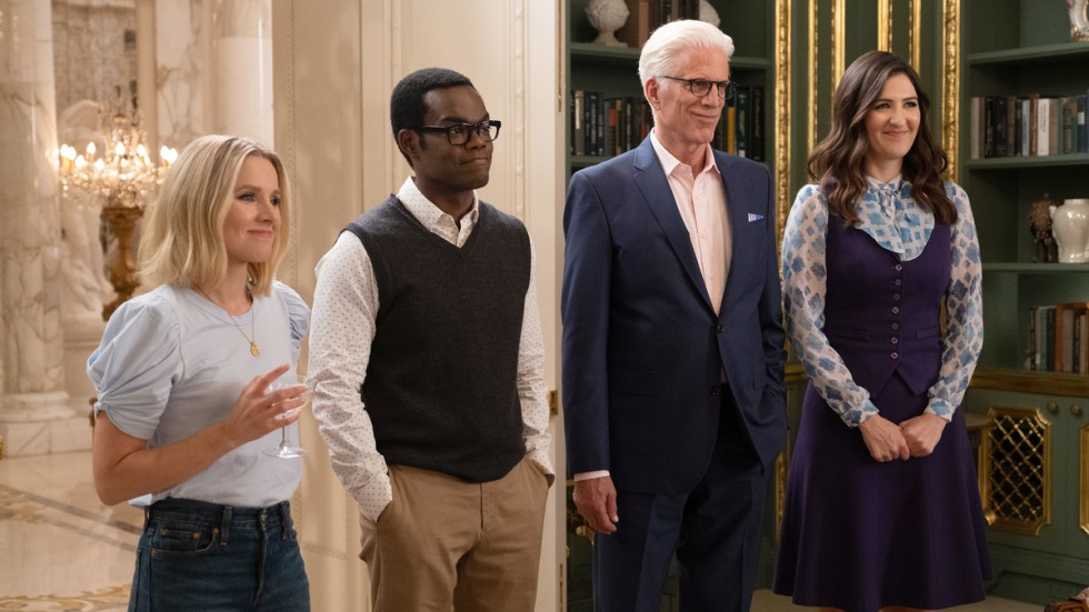 Eleanor (Kristen Bell), Chidi (William Jackson Harper), Michael (Ted Danson) and Janet (D'Arcy Carden) gather to say goodbye to a friend in The Good Place