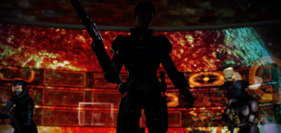 EDI (Tricia Helfer), Commander Shepard (Jennifer Hale) and Liara T'Soni (Ali Hillis) in Mass Effect 3