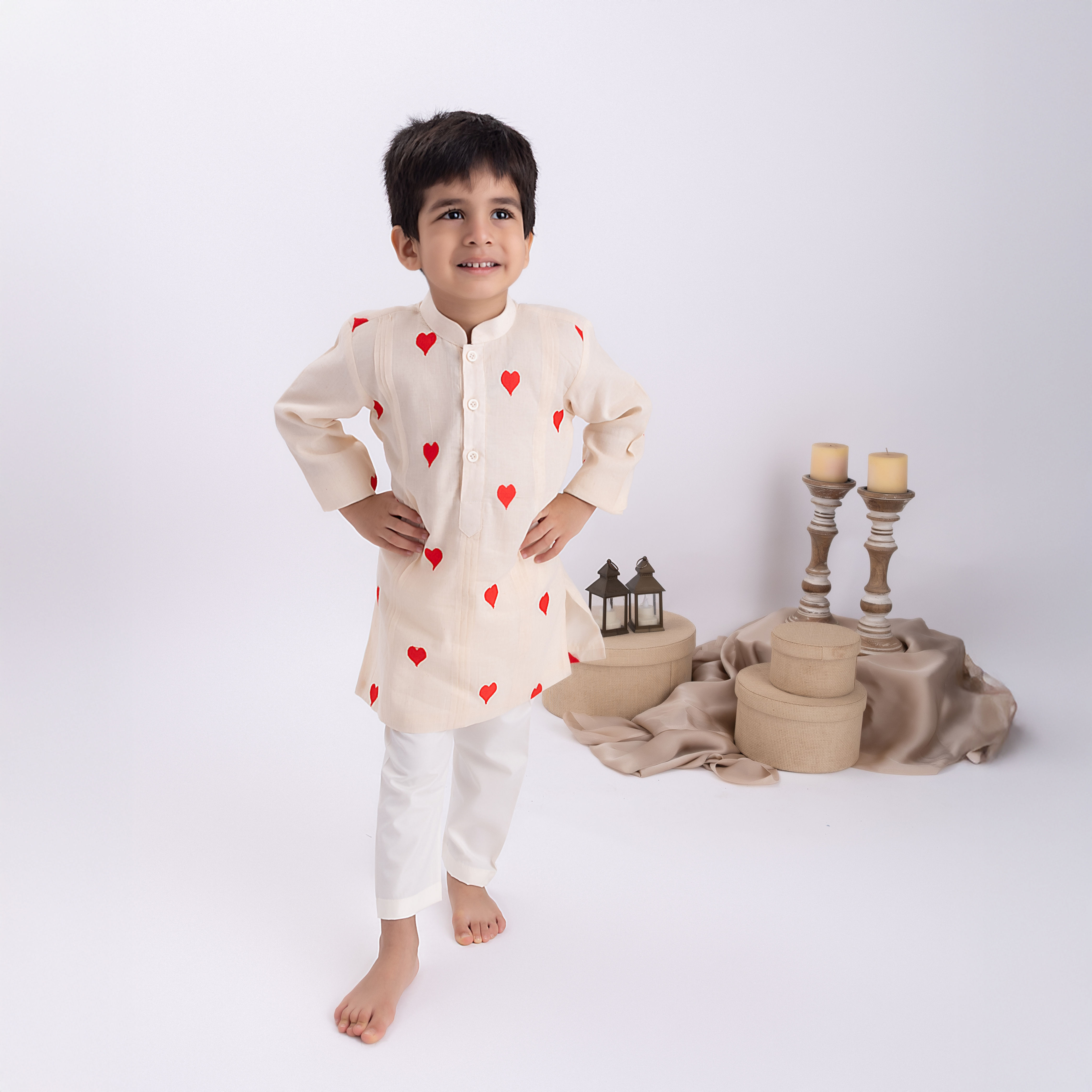 Red Hearts Kurta Set with Pleats