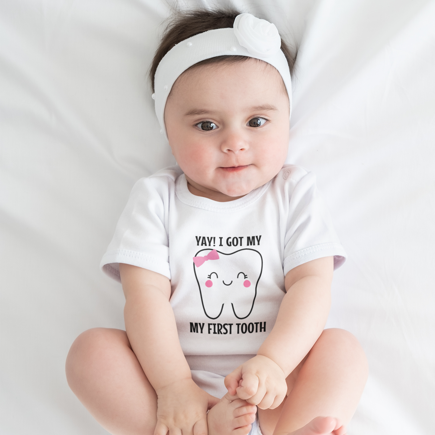 Yay My First Tooth White Onesie / Romper / Tshirt (Pink)