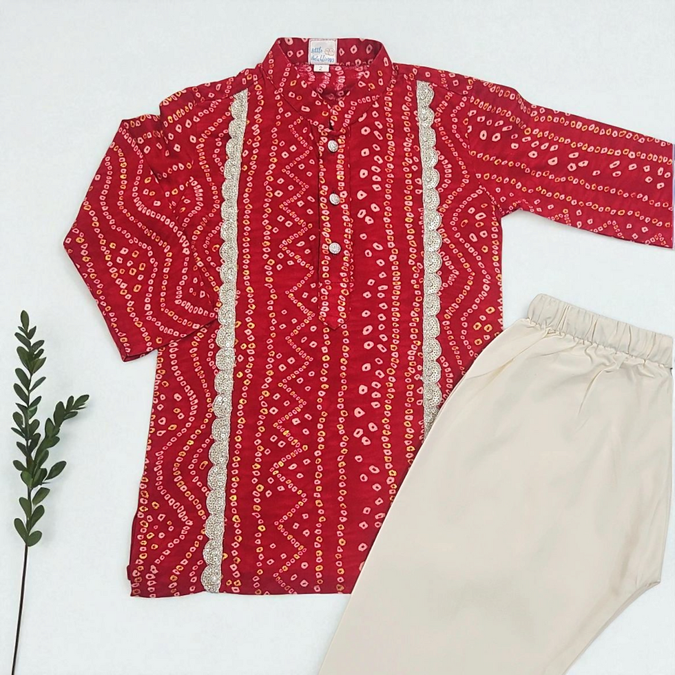 Red Bandhani Kurta Set with Piping