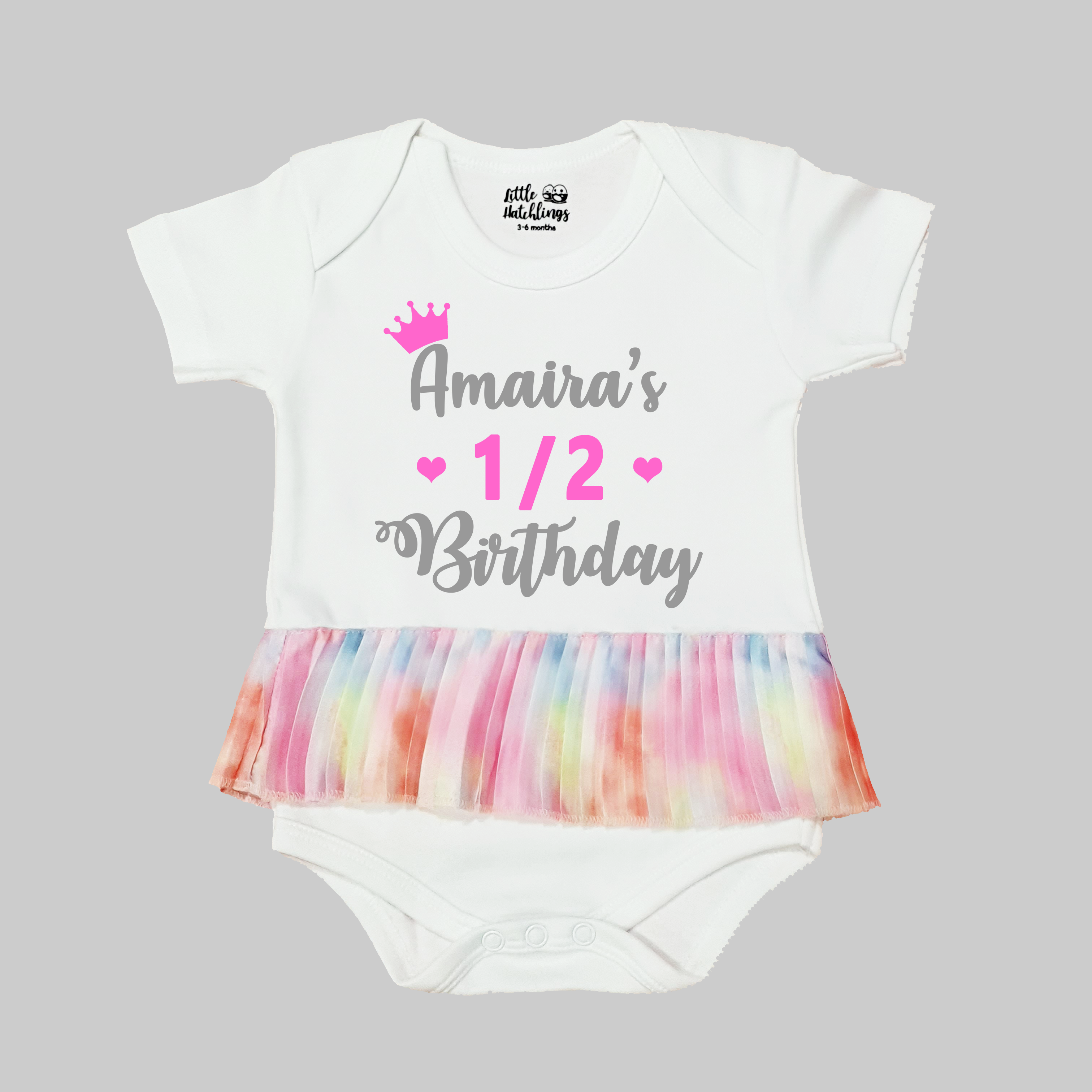 Half Birthday Onesie with Attached Unicorn Pleated Skirt