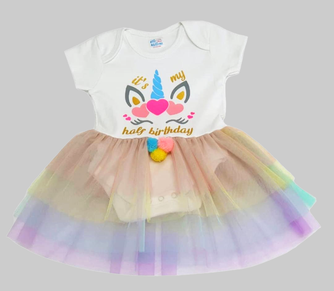 Half Birthday Onesie with Attached 4 layer tutu (Unicorn)