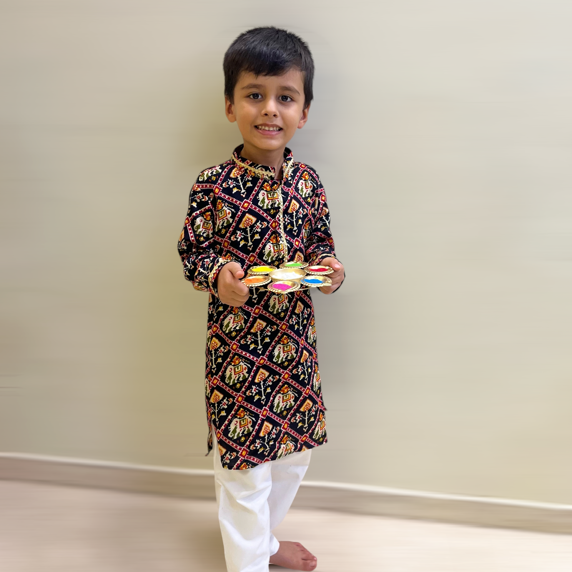 Patola Kurta Set with Piping (Blackish Blue)