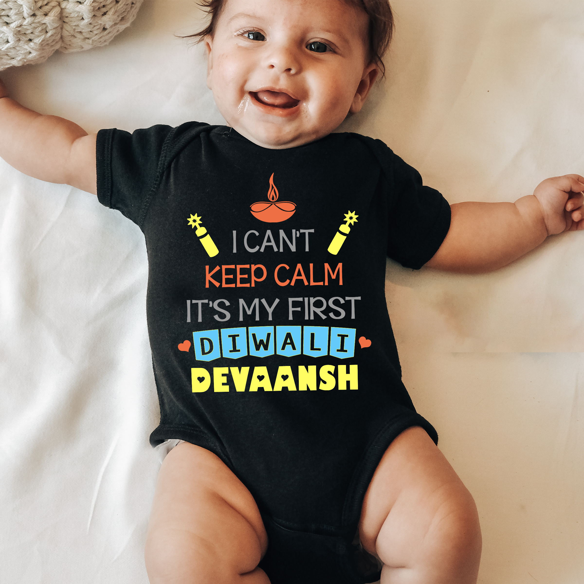 Cant Keep Calm First Diwali Personalized Black Onesie/Full Romper/Tshirt