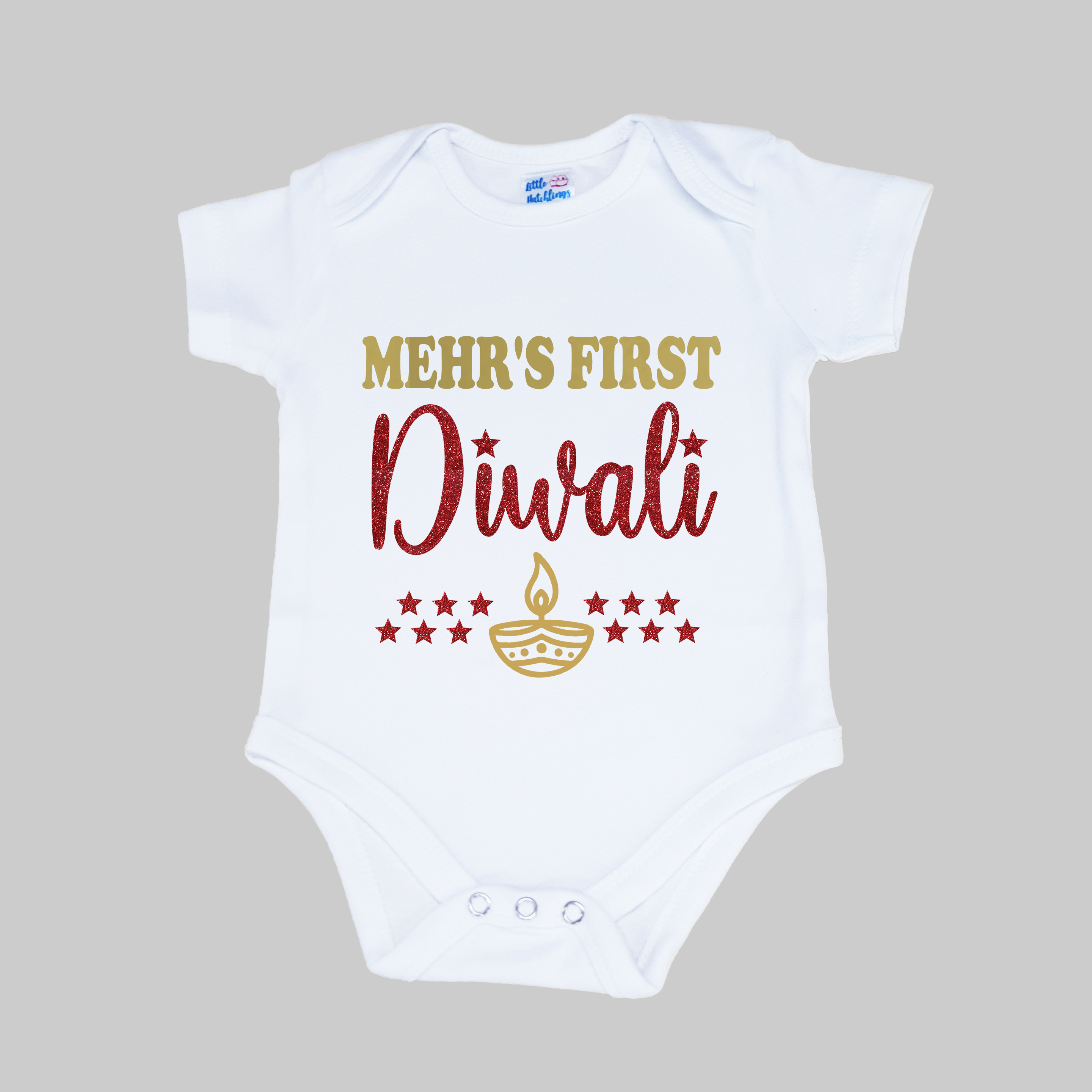 Personalized First Diwali (Gold and Red Glitter) White Onesie/Full Romper/