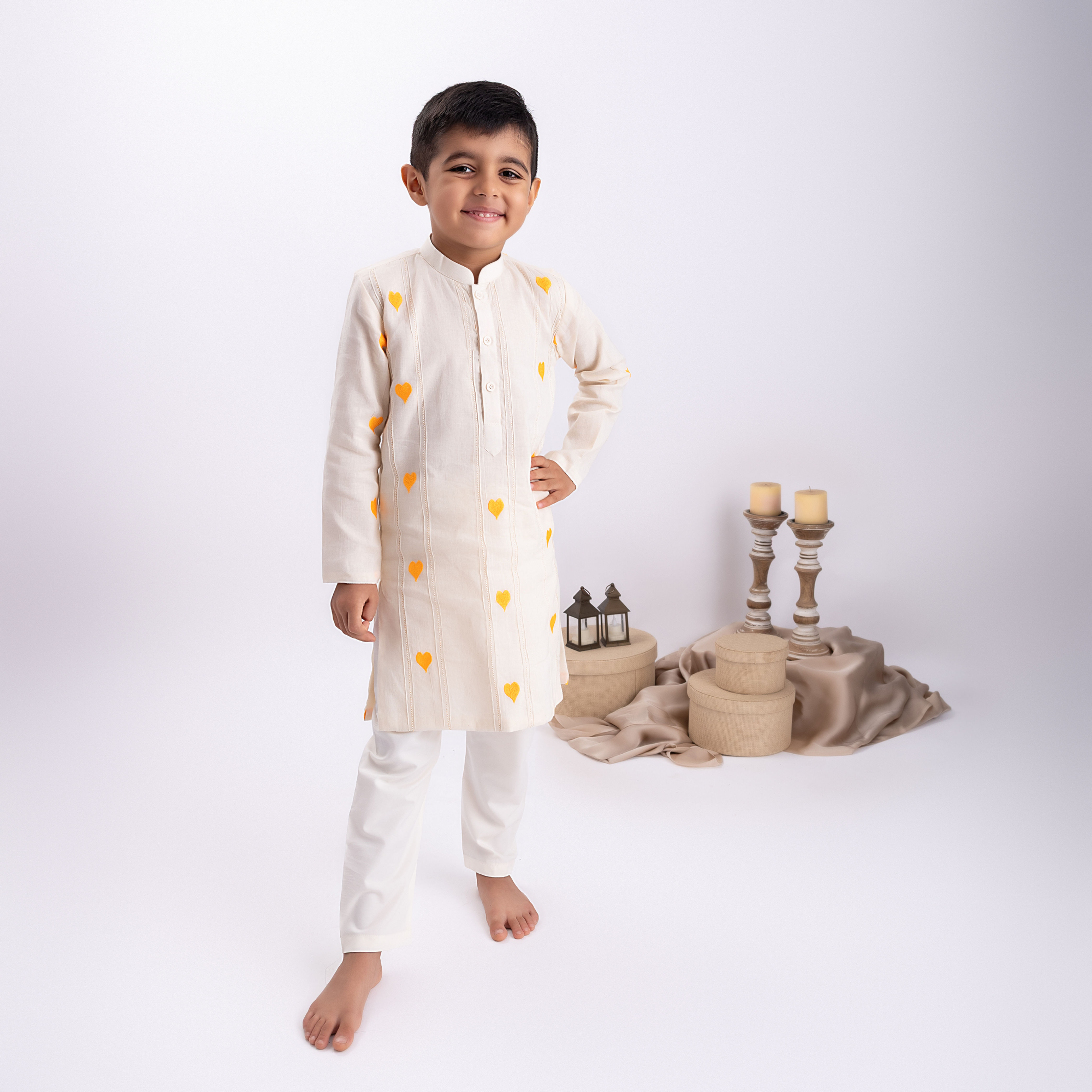 Orange Hearts Kurta Set with Thread Piping