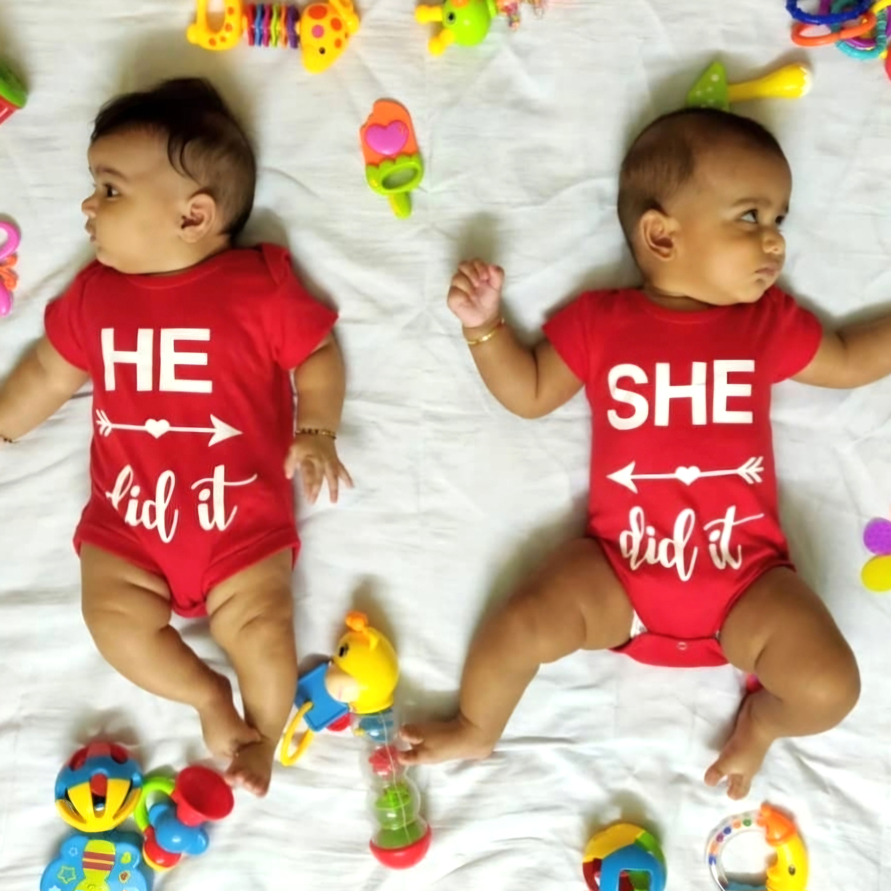 He She Did It Red Twins Onesie / Romper / Tshirt