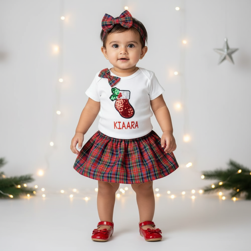 Christmas White Onesie with Plaid Skirt (Bow-Applique)
